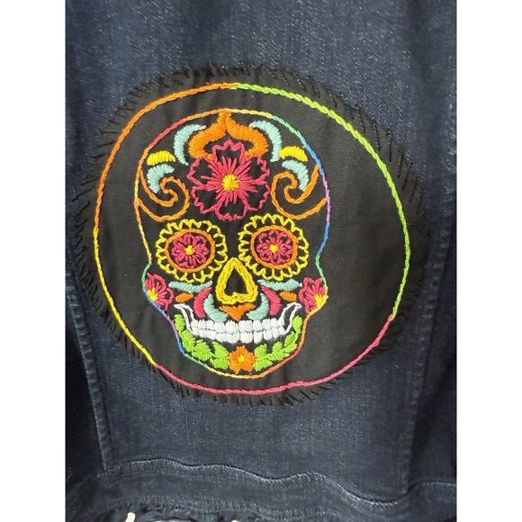 Denim Upcycled Jacket Embroidered Y2K Large Cotton Blue Skull Boho Art To Wear - Picture 7 of 11